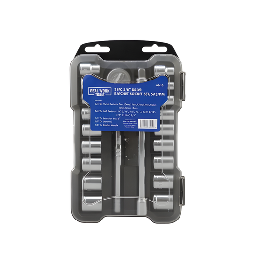 SET DE RATCHET Y DADOS MÉTRICOS Y SAE REAL WORK 3/8”, 21 PCS